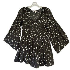 Ninety Clothing Co Women's Top Size L Blouse Hearts Black Ruched 3/4 Sleeve